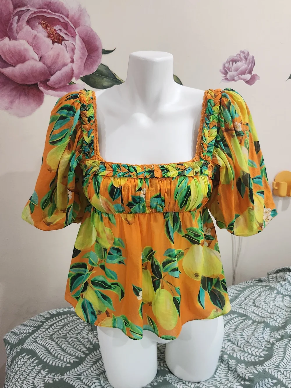 Orange Lemon-Print Peasant Blouse Farm Rio - Womens Size Xs